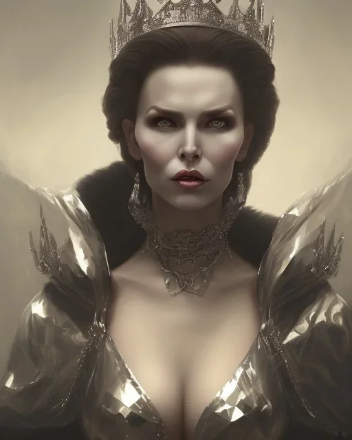 old evil queen in black leather gown, femme fatale, volouptous, busty, cleavage, angry, emperious, 8k resolution concept art portrait by Greg Rutkowski,