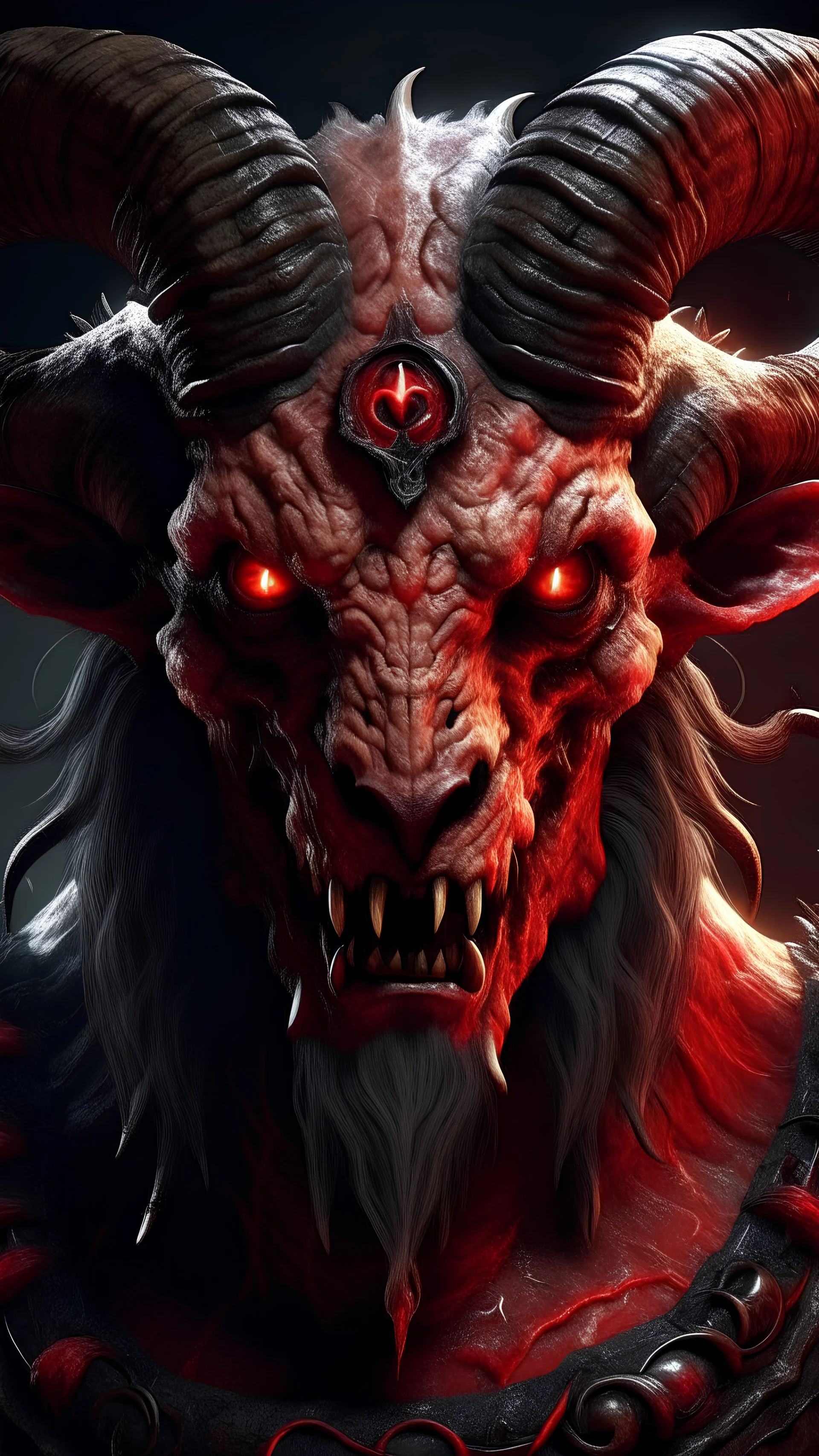 Crafting a terrifying 8K depiction of a demonic ram-man involves highlighting his eerie features: twisted horns, glowing red eyes, a snarling mouth with sharp teeth, and a scarred, fur-covered body. His presence exudes an unsettling aura of malevolence, instilling fear in all who behold him.
