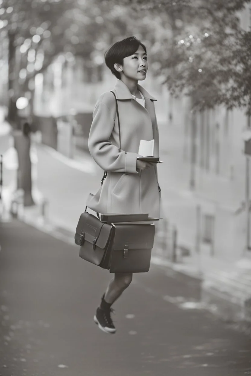 a student girl ,short hair with her books in her hand walking in street,next to trees.