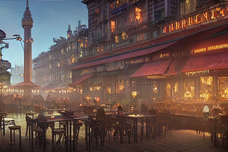 Corner diner+corner cafe+trees+old city lamps+Gothic city+ Boat restaurants in front of Empire Metropolis+hanging garden of babylon+karnaca+rome+istanbul+Burano+barocco Skyscraper+steampunk+colorful city,alphonse mucha,greg rutkowski,matte painting, cryengine