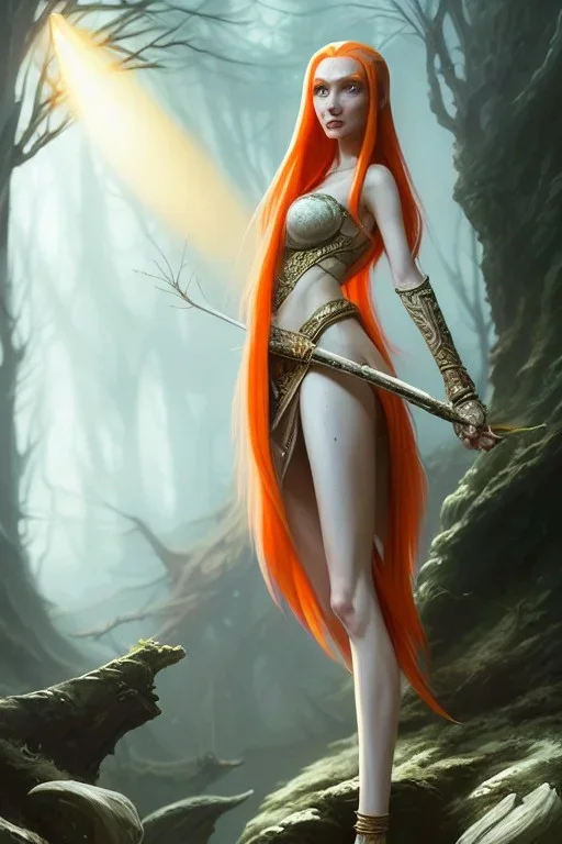 painting of a tall elven young woman with short light orange hair and freckles on the cheak bones and tall body of a topmodel light clothes, long shot, ultra realistic, concept art, intricate details, eerie, highly detailed, photorealistic, octane render, 8 k, unreal engine. art by artgerm and greg rutkowski and charlie bowater and magali villeneuve and alphonse mucha