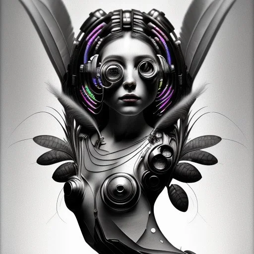 A beautiful portrait of a cute cyberpunk woman happy smiling,alphonse mucha style, grain on the skin, tribal tatoos, high key lighting, volumetric light high details with white stripes and feathers full length clean art NFT, soft lighting, soft pastel gradients, high definition, blender 3d cinematic, op art, visionary art, sacred geometry, fractal, white balanced, lot's of grain on her skin, lot's of details in the background