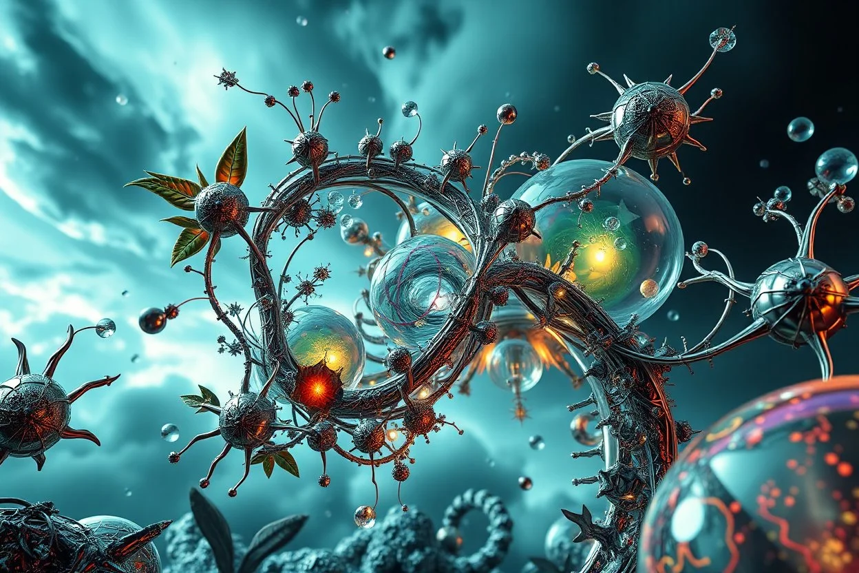 Dynamic complex hypnotic fractal 3D structures Symmetry twisting and morphing between plants and metal geometric forms , smooth translucent iridescent glass with inner glow and bubbles, varied transparent materials, stormy skies, intense dramatic