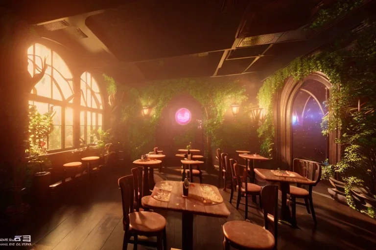 Immersive​ fantasy elven cafe with beautiful flower