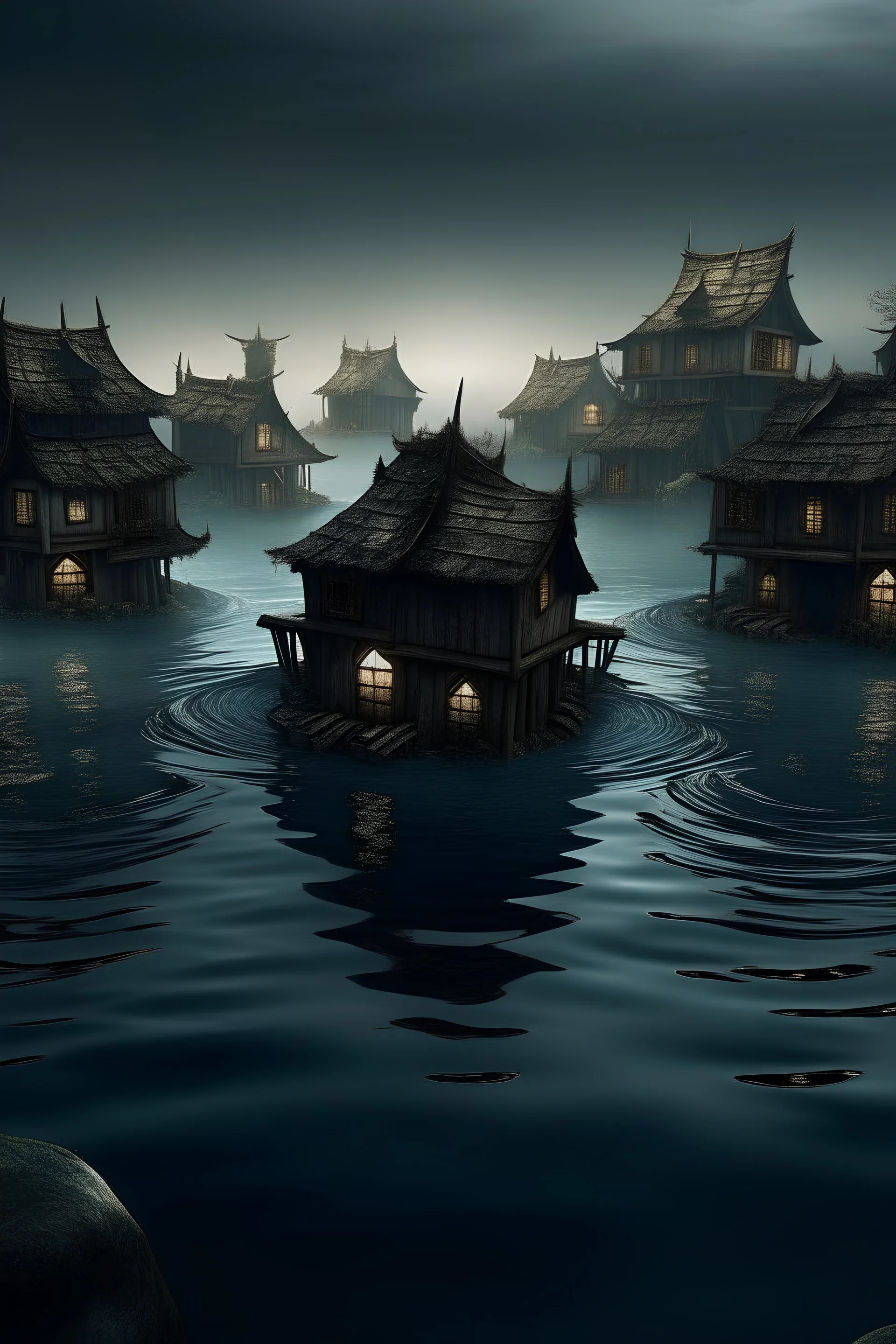 dark fantasy eleven village floating on water