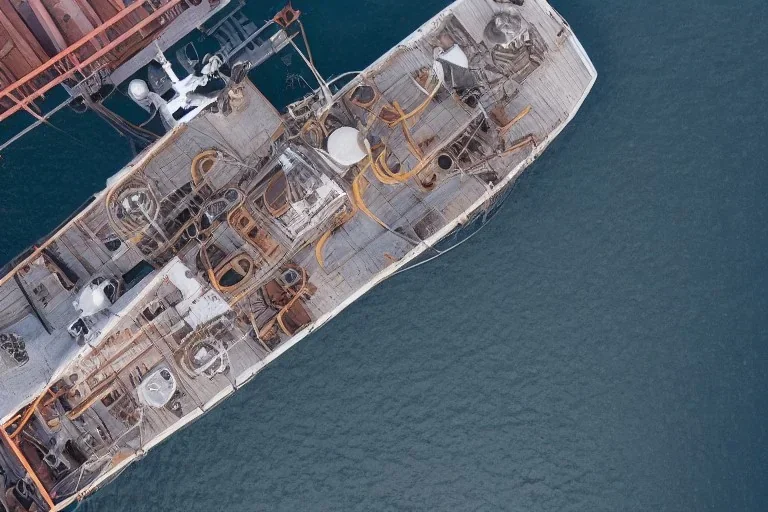 Aerial view of wooden ship listing, flir camera, night vision, helicopter view, drone pov, night, ship sinking