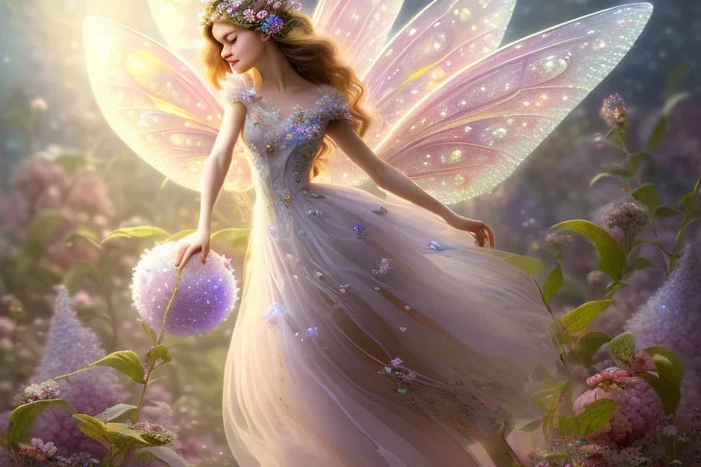 one very little beautiful fairy on a big crystal subtle flower in a galactic ambiance, transparent petals, delicate colors, in the foreground, full of details, smooth, bright sunshine，soft light atmosphere, light effect，vaporwave colorful, concept art, smooth, extremely sharp detail, finely tuned detail, ultra high definition, 8 k, unreal engine 5, ultra sharp focus