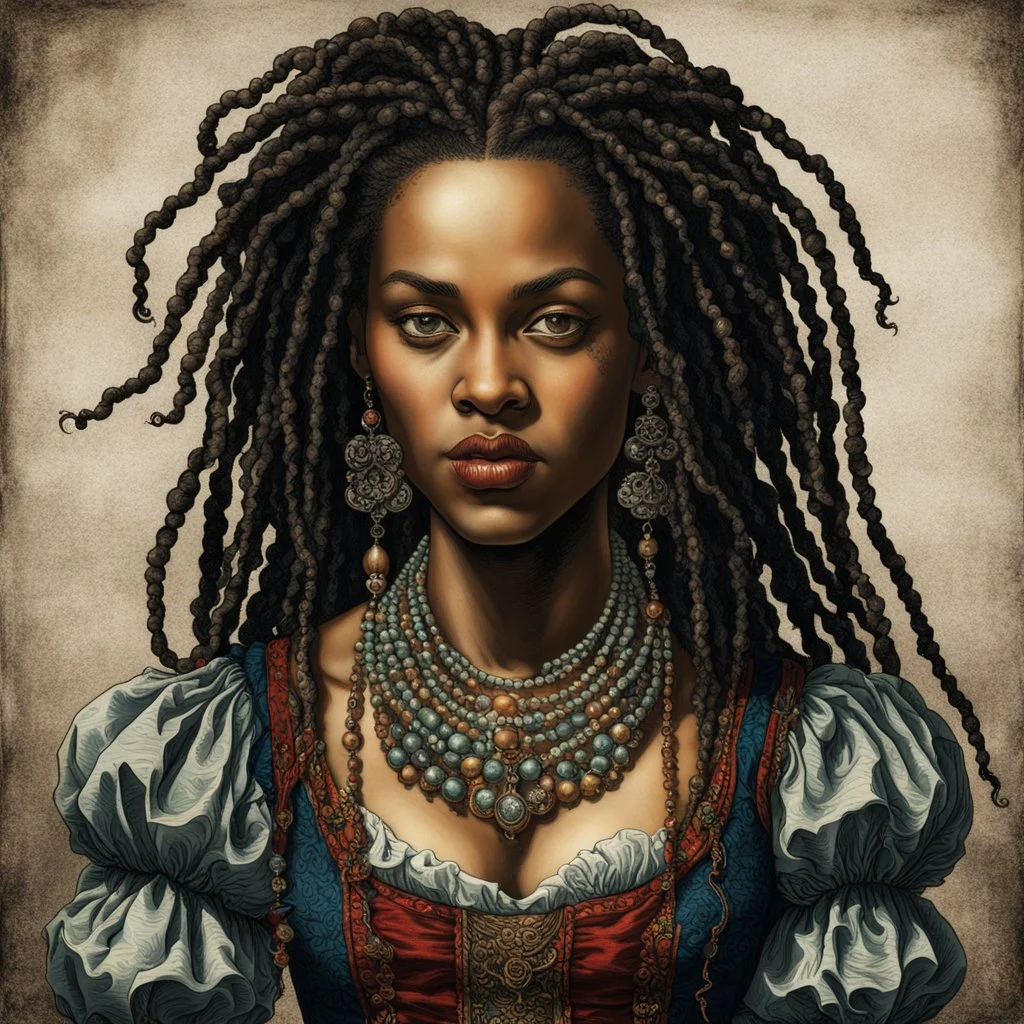 full body colored etching of an ornately dressed, malevolent, predatory vampire buccaneer girl from the French West Indies with highly detailed beaded dreadlock hair and facial features ,in the style of Rembrandt, Gian Lorenzo Bernini, and Johannes Vermeer, with a fine art aesthetic, highly detailed , realistic , 4k UHD