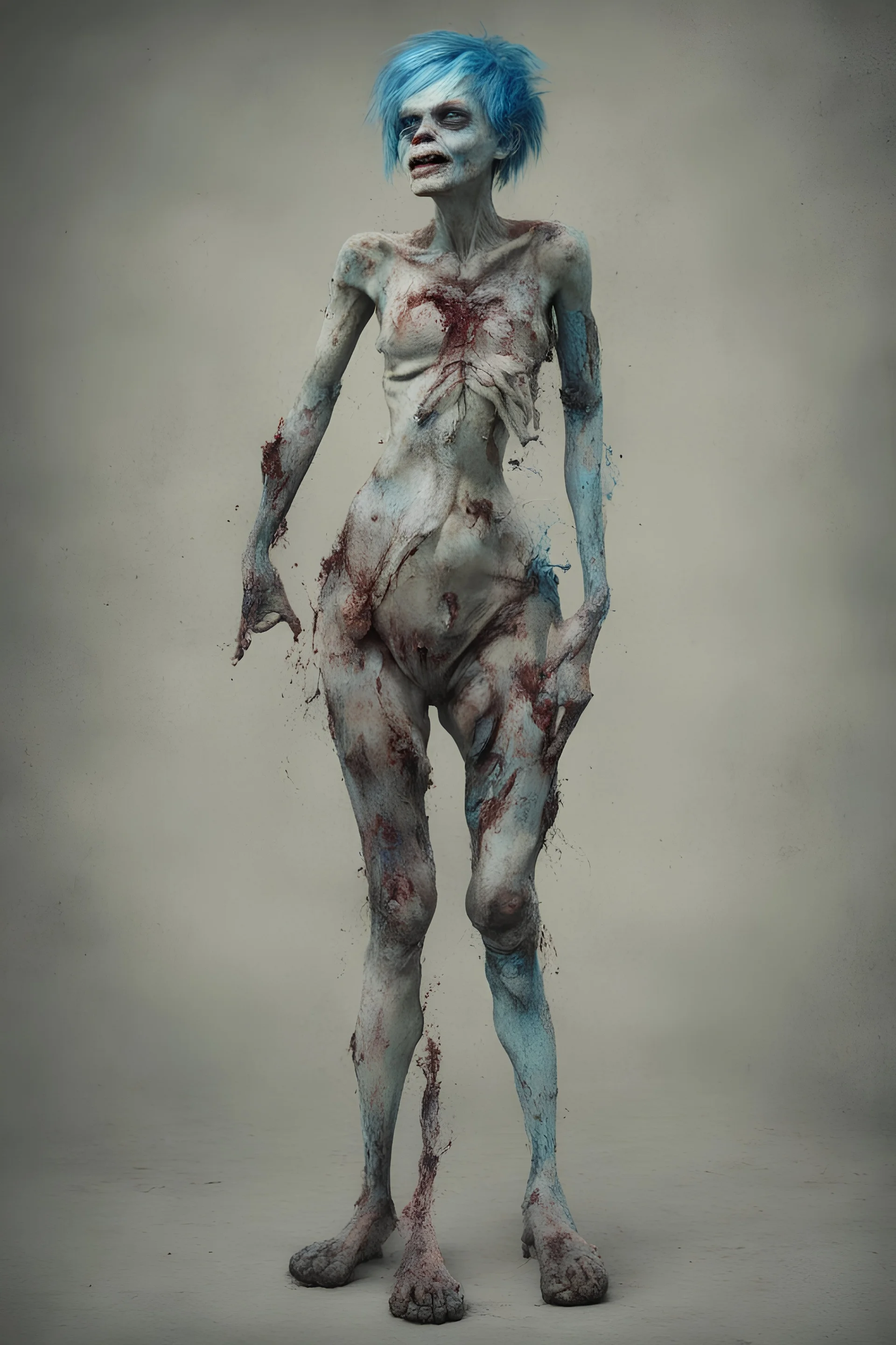 an ugly deformed abomination of an extremely anorexic fat girl with an amputated arm and an amputated leg and really funky blue hair, she looks like a zombified corpse