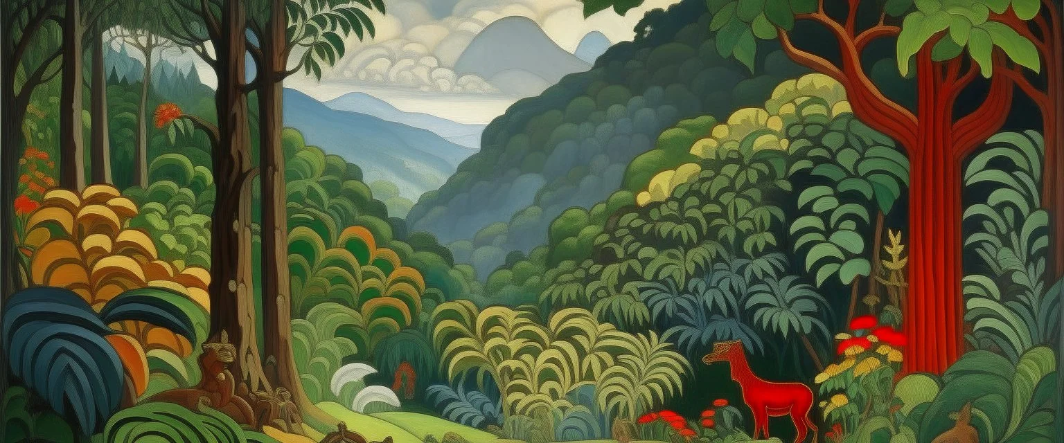 A jungle near a mountain made out of steel painted by Paul Ranson