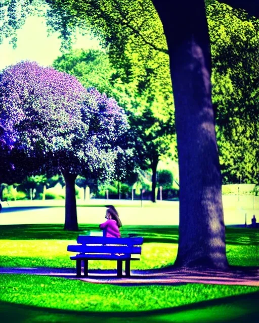 park mystycial dream, park bench, man, woman, child, dog, pretty blue and purple trees, blue path, bird, jogger, sunshine, mystical, fantasy, romanticism, digital art, movie poster, cinematic, cinematic lighting, award-winning, beautiful colors, hyper realistic, daylight, daytime, modern, pixia, blender render, vibrant, high resolution, 8k,