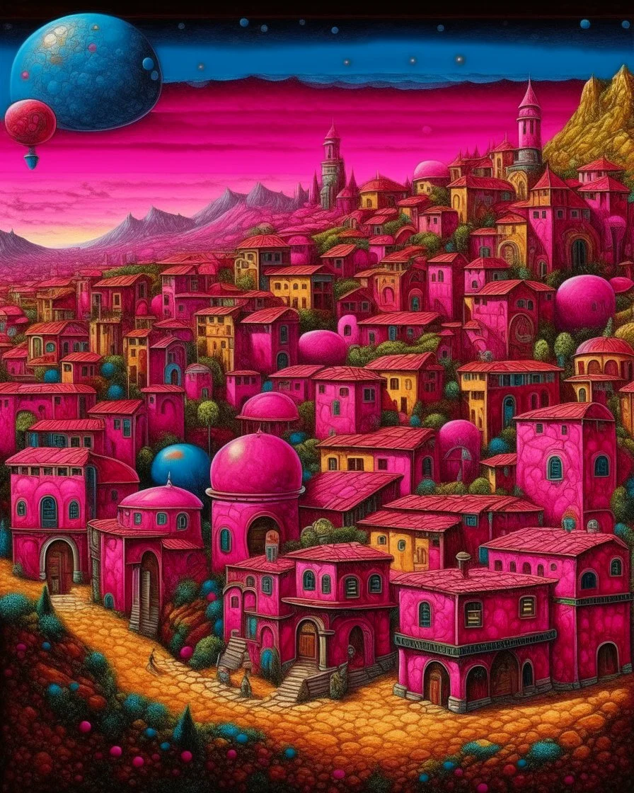 A magenta Italian town with an observatory designed in Kuna Molas painted by Albrecht Durer