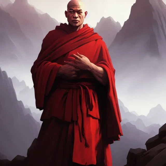 Portrait of a monk, red robe, mountain background, fog, face front, grimdark, Frank Frazetta, Greg Rutkowski, hyperdetailed, dnd, trending on Artstation, Splash screen art, dynamic lighting, hyperdetailed, intricately detailed, a masterpiece, 8k resolution, high contrast,