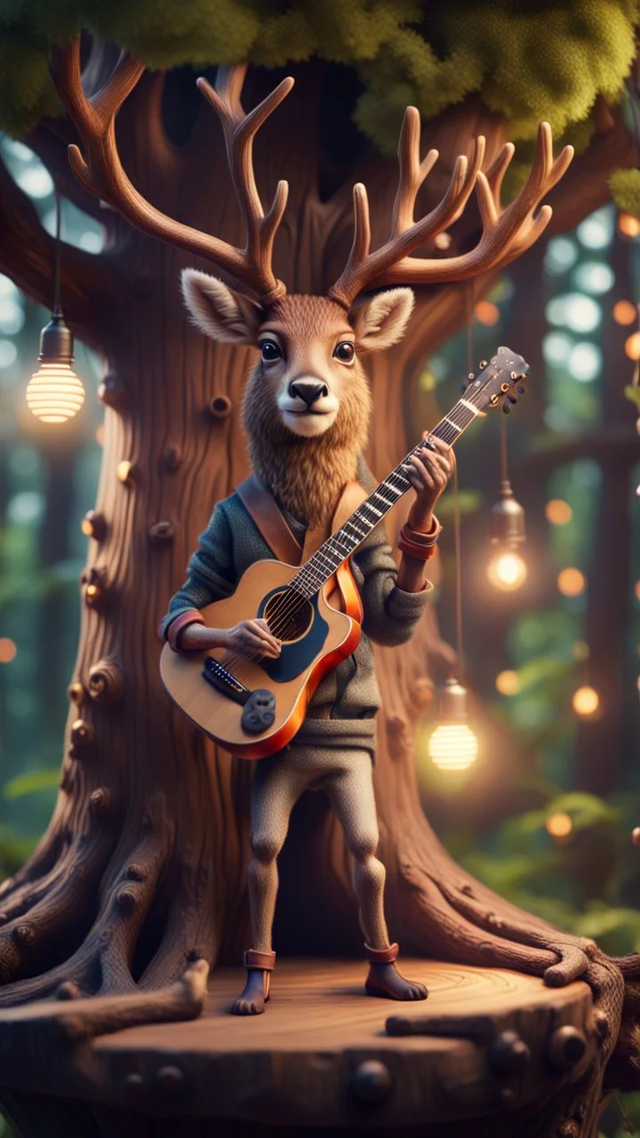 portrait of hairy rock guitar ninja deer living inside a tree house in a hollow huge tree growing light bulbs, singing into ornate studio mic,bokeh like f/0.8, tilt-shift lens 8k, high detail, smooth render, down-light, unreal engine, prize winning