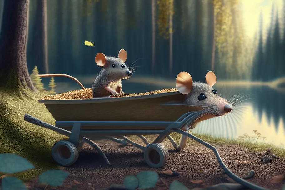 mouse in wheelbarrow, in forest by lake, book illustration, fine detail, 4k, trending, volumetric light