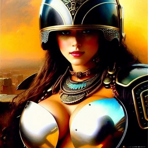 portrait 'Beautiful booty, Busty Blonde in black bra ',ancient metal armor and helmet ,painting by gaston bussiere, greg rutkowski, yoji shinkawa, yoshitaka amano, tsutomu nihei, donato giancola, tim hildebrandt, oil on canvas, cinematic composition, extreme detail,fit full head inside picture,16k