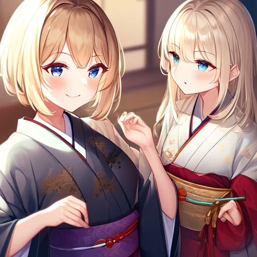 Clear focus,High resolution, Light Blonde hair, and blue eyes, kawaii style, wearing a Japanese Traditional dress, Blushing