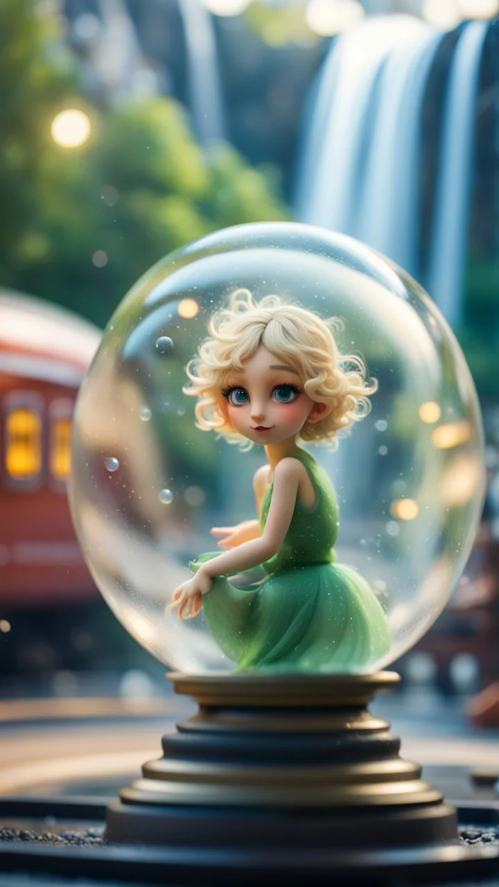 portrait of tiny green winged fairy with blonde swirly hair completly inside crystal ball bubble at the train station under waterfall,bokeh like f/0.8, tilt-shift lens 8k, high detail, smooth render, down-light, unreal engine, prize winning