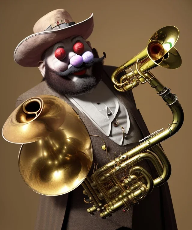 mechanoid old friendly fat clown with trimmed beard playing jazz with a steampunk theme, trumpet, salvador dali