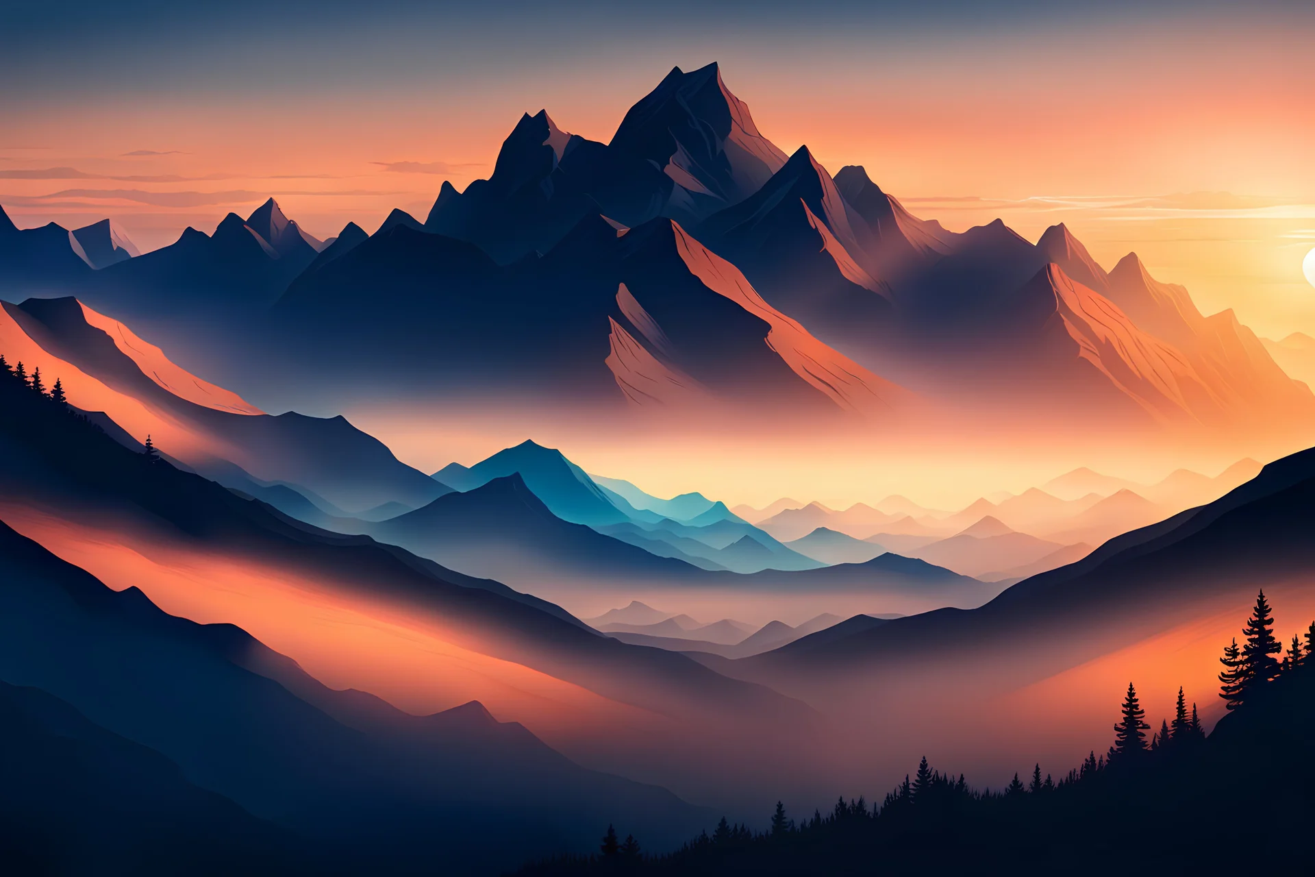 A serene mountain landscape during sunset with a blue and orange sky.