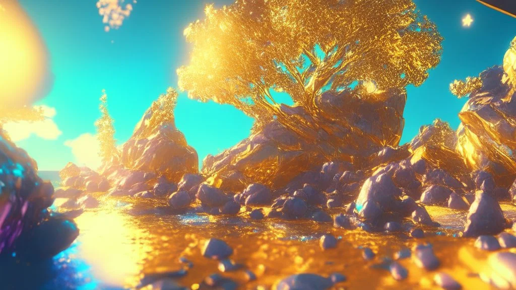 gold crystal cosmic and galactic ambiance hill sky sea ocean space galaxy rocks sunny trees pools surreal, full of details, smooth, bright sunshine，soft light atmosphere, light effect，vaporwave colorful, concept art, smooth, extremely sharp detail, finely tuned detail, ultra high definition, 8 k, unreal engine 5, ultra sharp focus