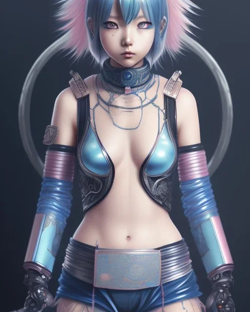 Detailed cute anime Kunoichi girl, blue hair buns, pink bangs, black latex bodysuit, intricate details, full body portrait, keep head in frame, slight smile, black Japanese motif, concept art, highly detailed, digital painting, concept art, sharp focus, illustration, art by Yoji Shinkawa, WLOP and greg rutkowski and alphonse mucha and artgerm and yanjun Chen and Junji ito and Makoto Shinkai, HDR, octane render