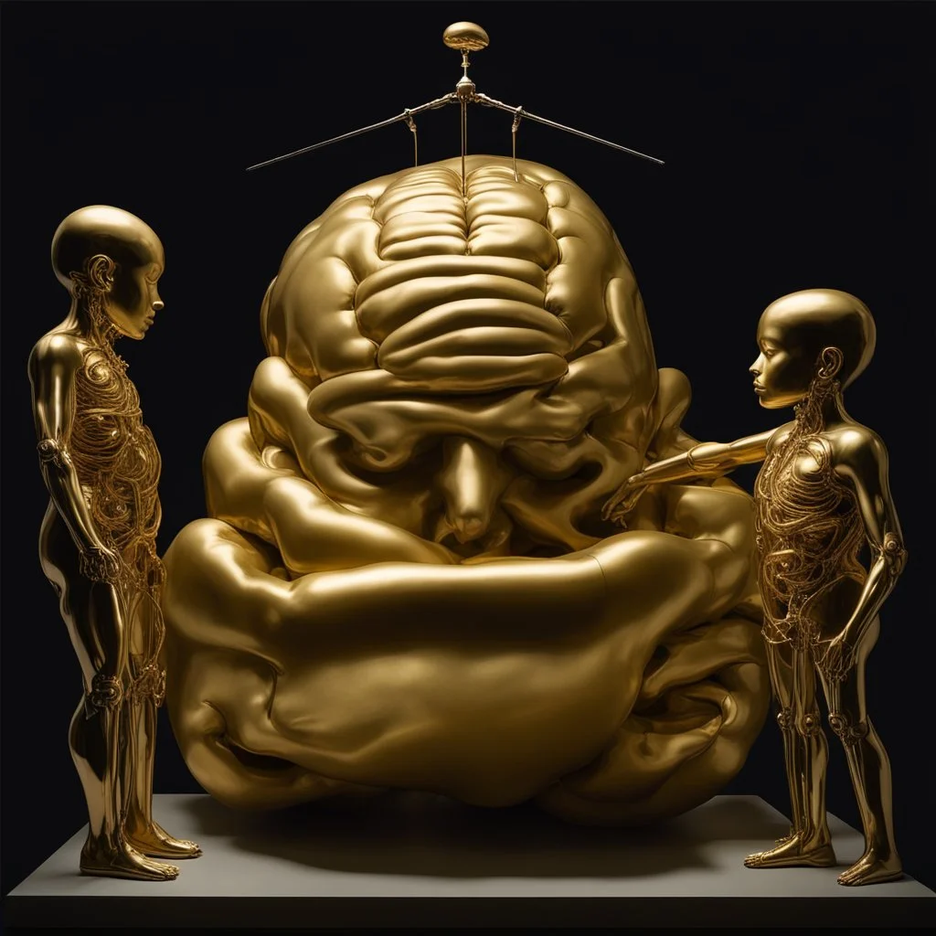 a huge golden inflated sculpture of brain supported by very small beautiful Asian female human bodies,complex surgical instruments,a newborn boy between light and shadow, black background,surrealism, symbolism, minimalism, sculpture by Lucian Freud, Rene Magritte, Salvador Dali