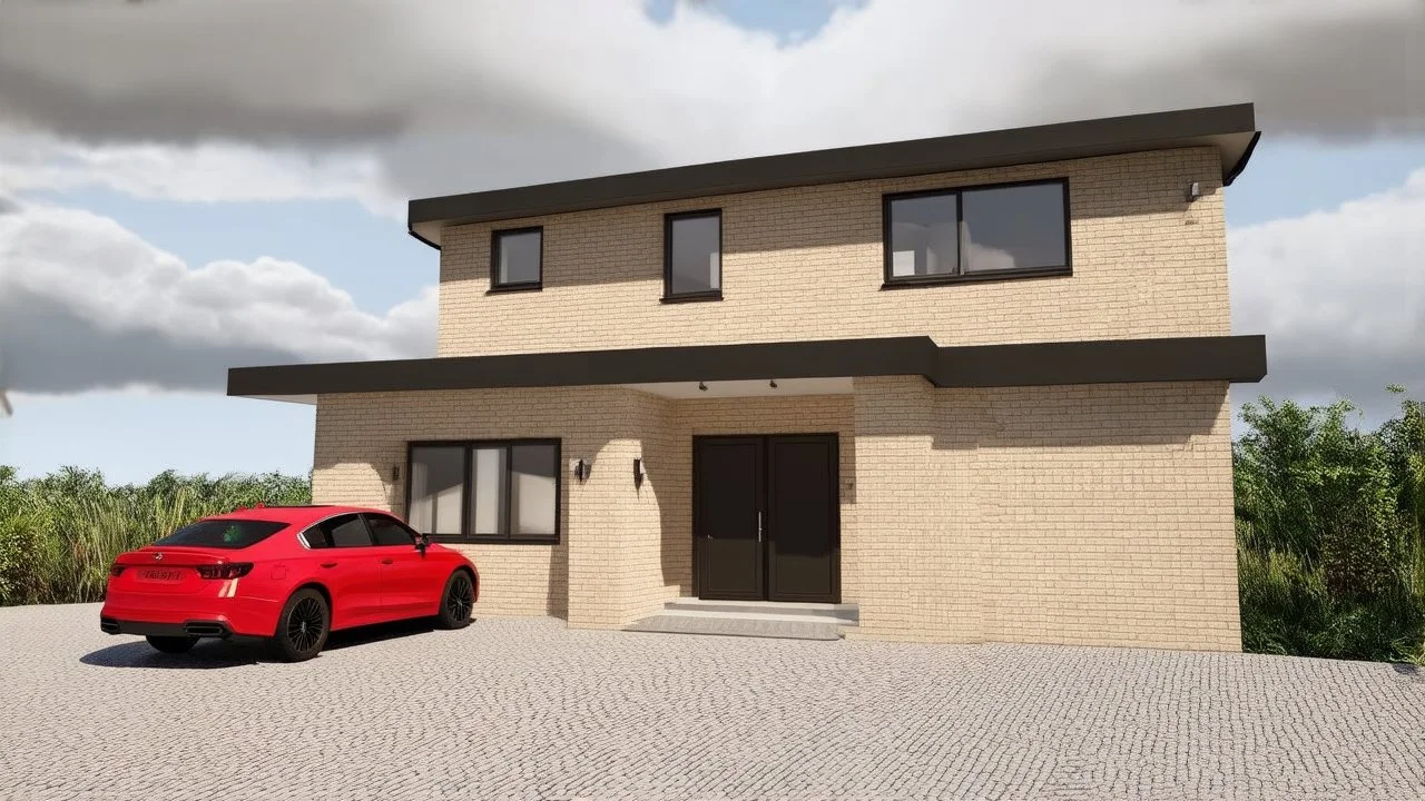 In a low-angle perspective, a 3D rendering shows a modern house built with beige bricks, with a cloudy sky as a backdrop. The facade of the house is adorned with a single window on each side and a red car is parked in front of the entrance. The car, a two-door coupe with a black roof, is parked on a cobblestone driveway, flanked by two palm trees on either side. The entrance to the house is marked by a large door, flanked by two windows on each side. The sky, a cloudy canvas, is painted in shade