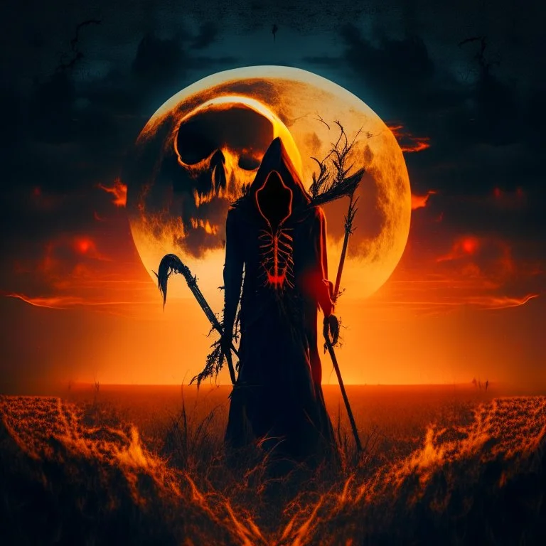 double exposure brilliant fantastical Grim Reaper with red glowing eyes photo layered with moon rising over field of the wailing damned, dark-gold scythe, Eldritch aesthetic, dynamic composition