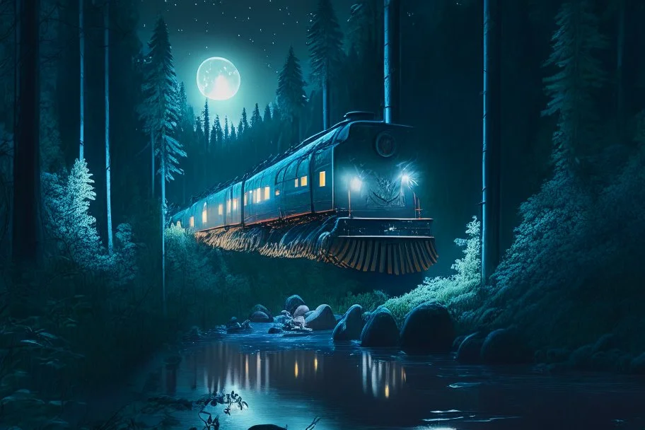 weather train in moonlit forest by stream, book illustration, fine detail, 4k, trending, volumetric light, depth of field