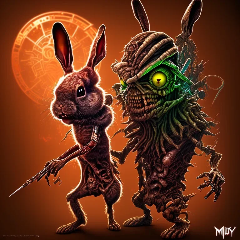 Bug bunny personnage cartoon style zombie iron maiden joue guitare,yeux rouges injecté sang 4k détail ultra Fibonacci