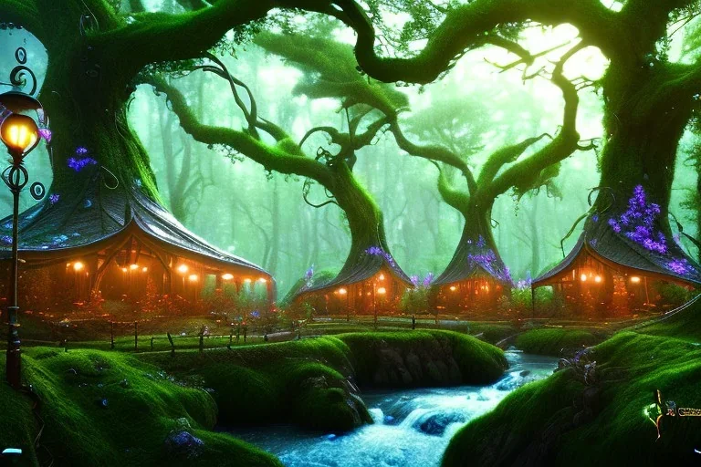 Immersive​ fantasy elven cafe in the deep forest with ancient tree blossom river 4k full hd