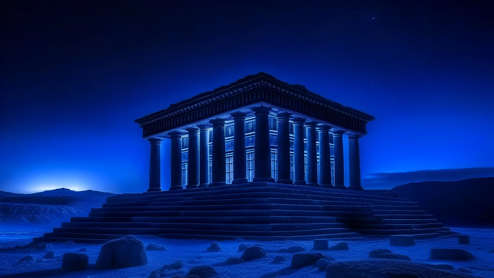 Dark night, ancient greek temple made of ice ,in Antarctica, night sky,12K