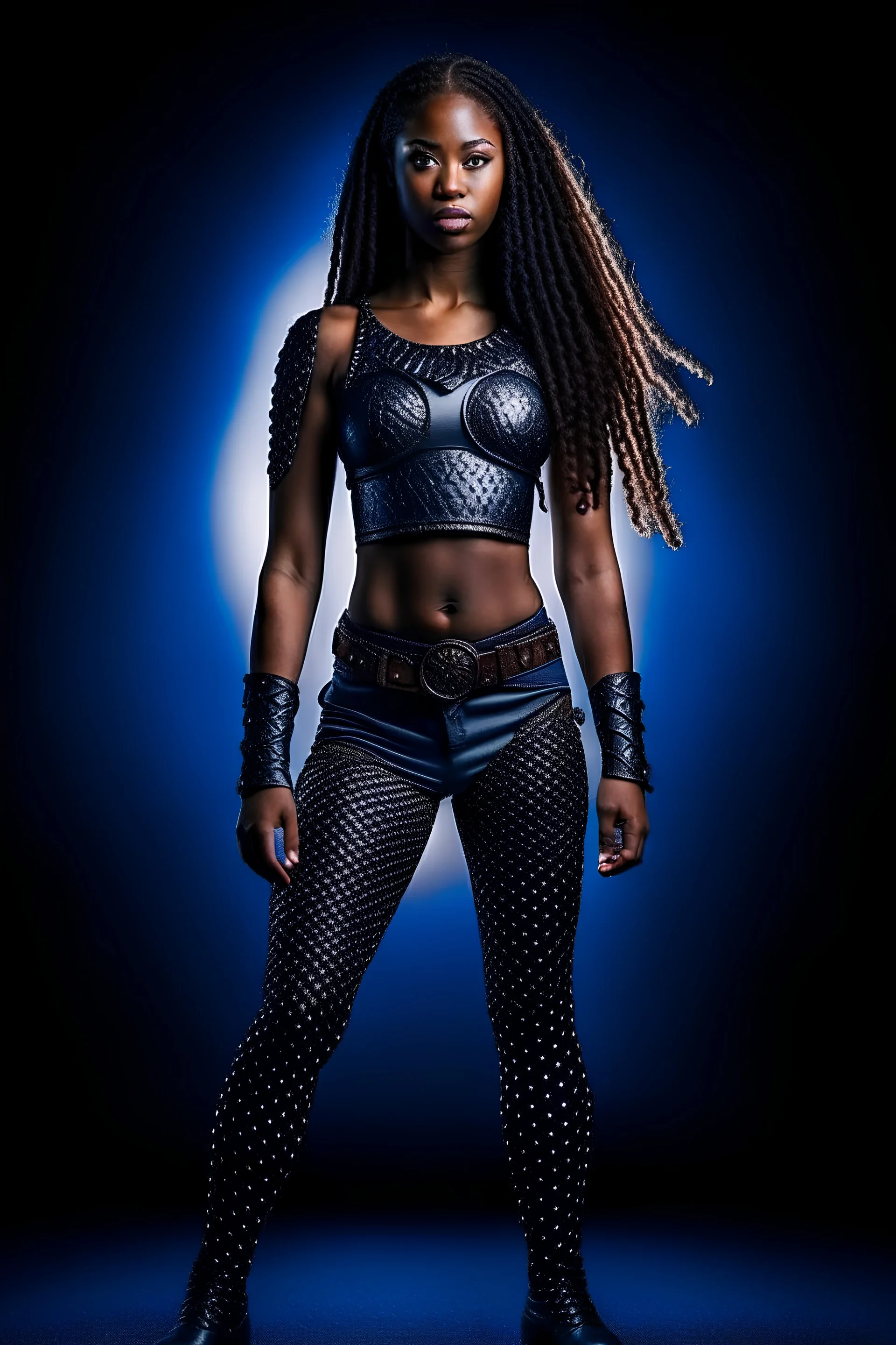 Fit slim warrior woman with abs and freckles and long hair and dark skin, wearing plate armor, full body, fantasy background