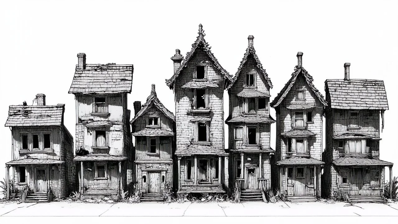 A technical front view pencil drawing of a row of dilapidated fantasy houses of different heights.