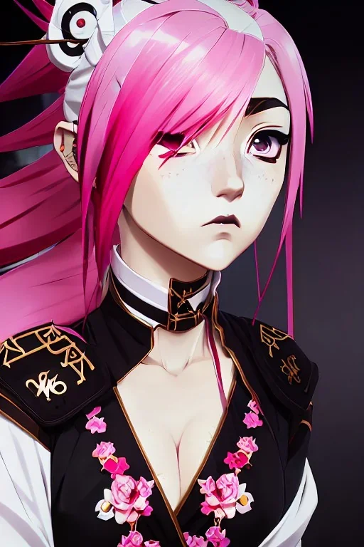 A Cute anime Kunoichi girl, kitsune mask, pink hair buns, pink bangs, traditional black designer kimono, full body art, intricate details, eyes perfectly aligned, full body portrait, red ribbons, slight smile, black constellation motif, windy, concept art, mini tornado stickers, black fishnet wear, highly detailed, digital painting, artstation, concept art, sharp focus, illustration, art by WLOP and greg rutkowski and alphonse mucha and artgerm and yanjun Chen and Junji ito