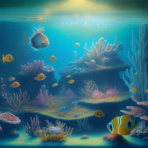 serene underwater scene, coral, fish, rocks, oil painting, by renoirm, pastel colors, masterpiece, intricate, cinematic lighting