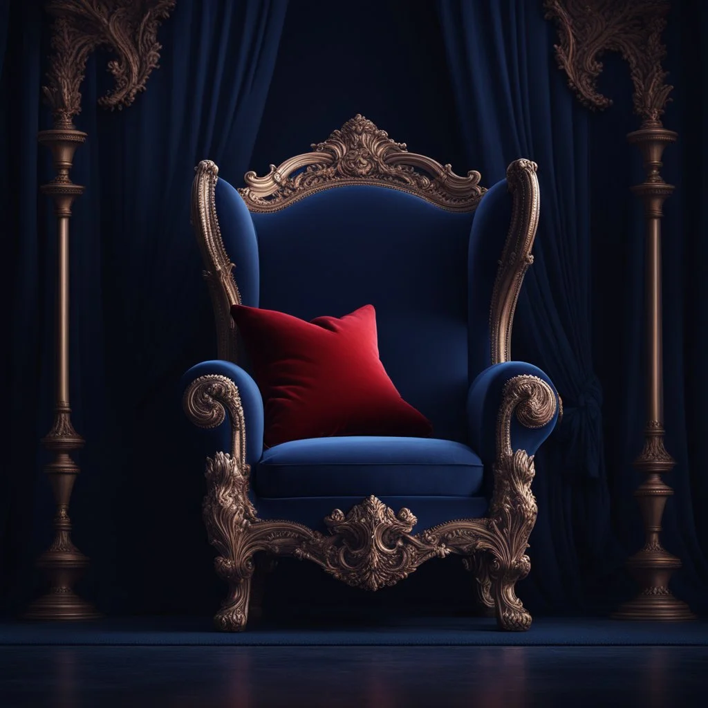 A freestanding wing chair in midnight blue velvet with a red round cushion. Illustrative art, art interpretation, concept art, cgsociety contest winner, seasonal art, seasonal art HD, 4k, 8k, intricate, detailed, intricately detailed, luminous, translucent fantasy crystal, holographic data, soft body, shadow play, light, fog, atmospheric, cinematic, light film, hyper-detailed, hyper-realistic, masterpiece, atmospheric, high resolution, 8k, HDR, 500px, mysterious and artistic digital art, phototi