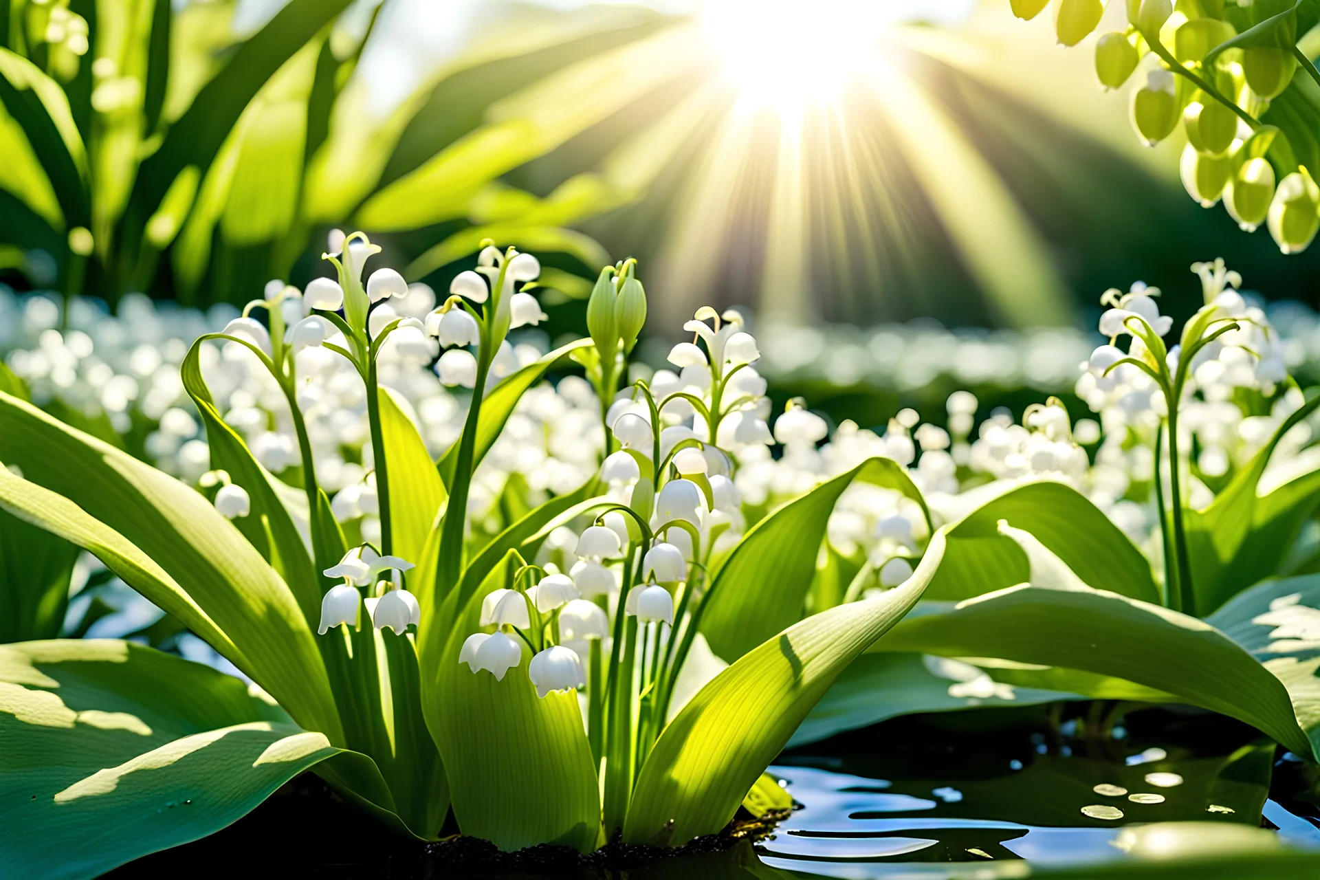 Magic garden with lily of the valley, white or parma light effects colors, sun, realistic, very detailed, nice lily of the valley in the park, pond, high contrast, 8k, high definition, concept art, sharp focus