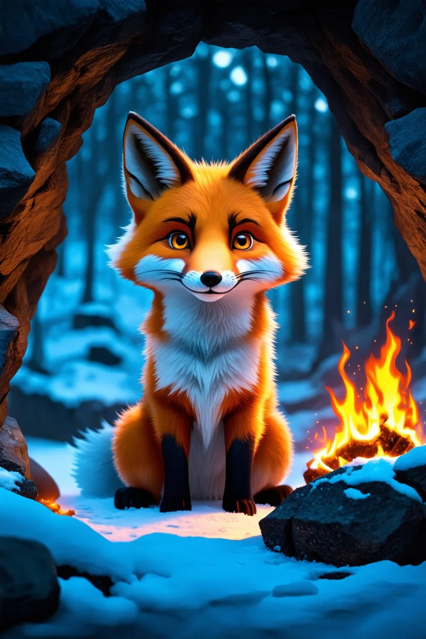 nyx as a fox living under the snow in a dark cave lit with fire