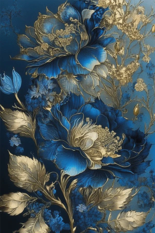 Beautiful flowers, blue watercolour and black ink, shiny gold metallic pieces outlining highly detailed digital painting elegant intricate very attractive award winning fantastic view crisp quality