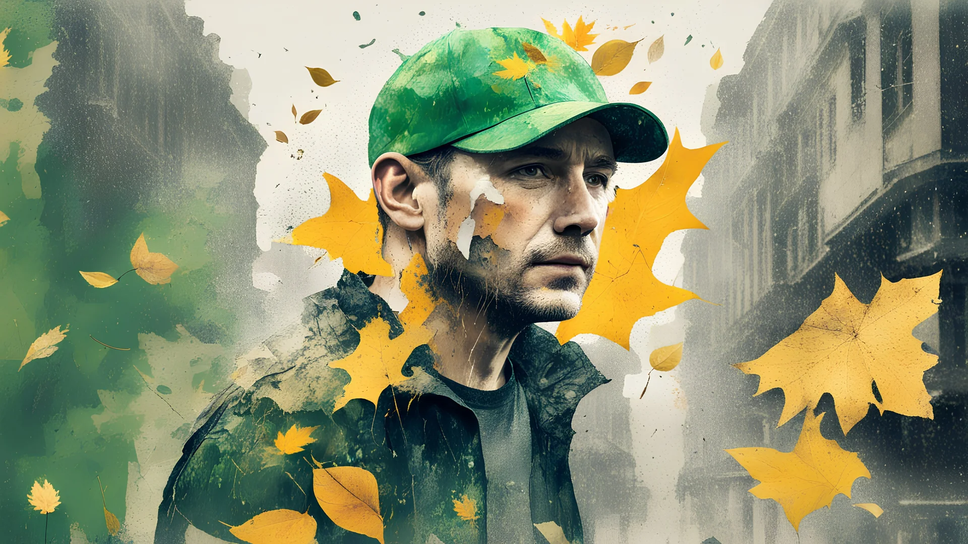 background old, cracks, yellow, torn canvas, gouache, double exposure, man, baseball cap, 40 years old, fine drawing, blots, newspaper scraps, leaves, green, autumn, rain, city, branches, 8K, double exposure