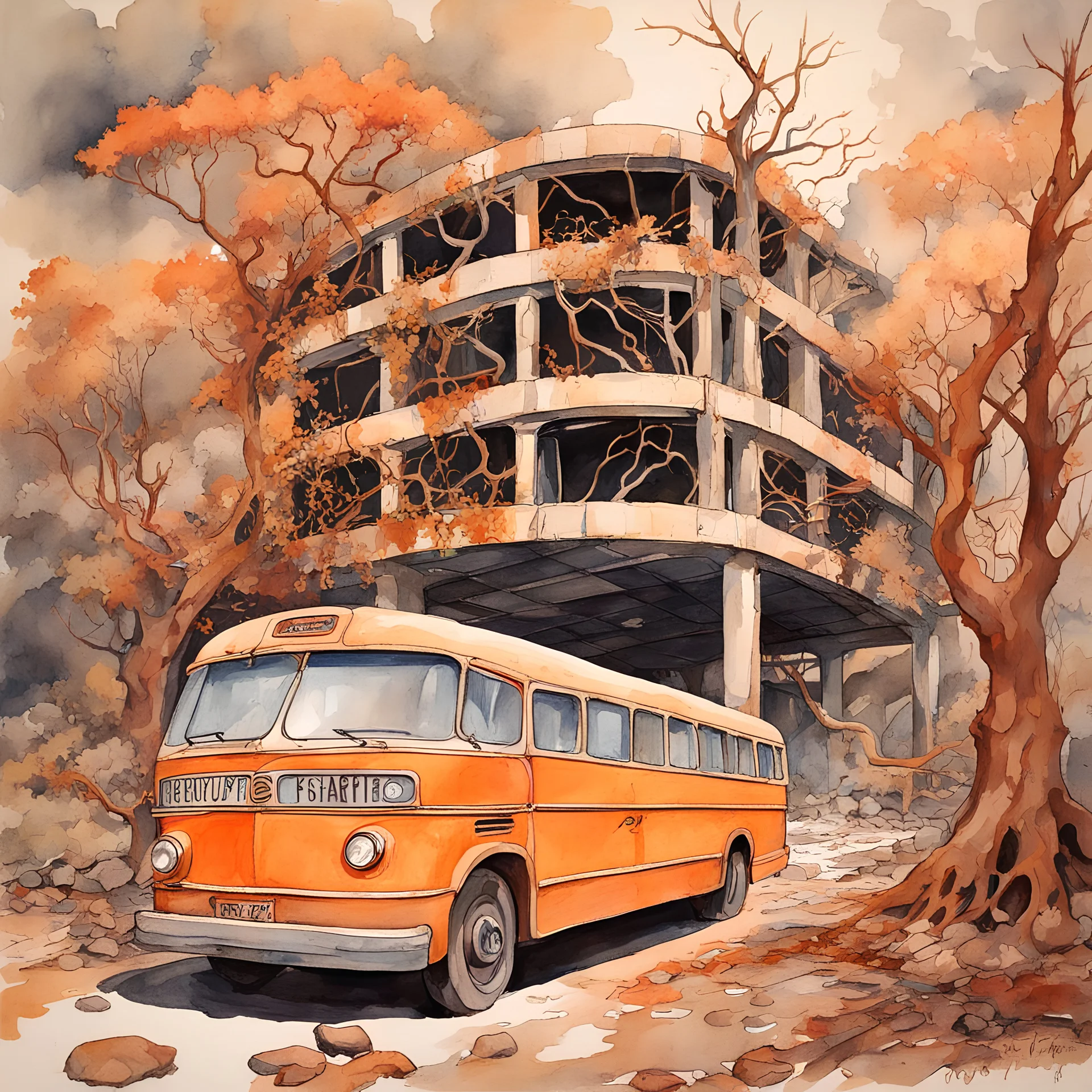 Landscape painting of the ruins of the apocalyptic bus station, abandoned buses, motorcycles, staggered circling forests, surrounded by rust-colored vines, a sika deer staring ahead, precisionism, watercolor, with a few beautiful wild saffrons