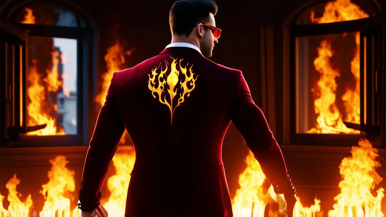 Hyper Realistic Photographic-Silhouette View of a handsome muscular Fire-Superhero wearing long-fancy-Maroon-tuxedo with-golden-flame-patterns on back of his tuxedo, fancy-red-sunglasses with fire-embers-around-him & standing on a vintage-crafted-balcony & open-fancy-burning-windows at dark night showing dramatic & cinematic ambiance.