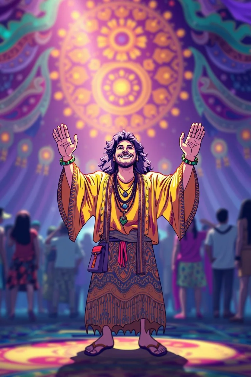 airbrush with pen outline, , anime, hippie in his palace raised hands having fun in a festival in the 60s, goa psy ambient in the style of vangelis and fsol, source vibrations, bokeh like f/0.8, tilt-shift lens 8k, high detail, smooth render, down-light, unreal engine, prize winning