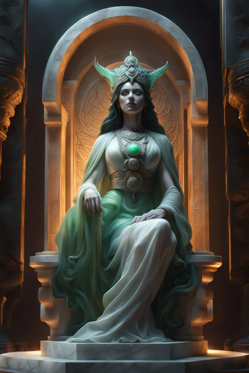 highly detailed marble and jade sculpture of a female necromancer, transparent nail polish, stunning face, volumetric fog, Hyperrealism, breathtaking, ultra realistic, unreal engine, ultra detailed, cyber background, Hyperrealism, cinematic lighting, highly detailed, breathtaking, stunning environment