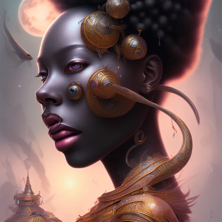 sango fantasy, fantasy magic, intricate, sharp focus, illustration, highly detailed, digital painting, concept art, matte, masterpiece head sexy view black African beauty black afro hair space lady gray carp skin African space night