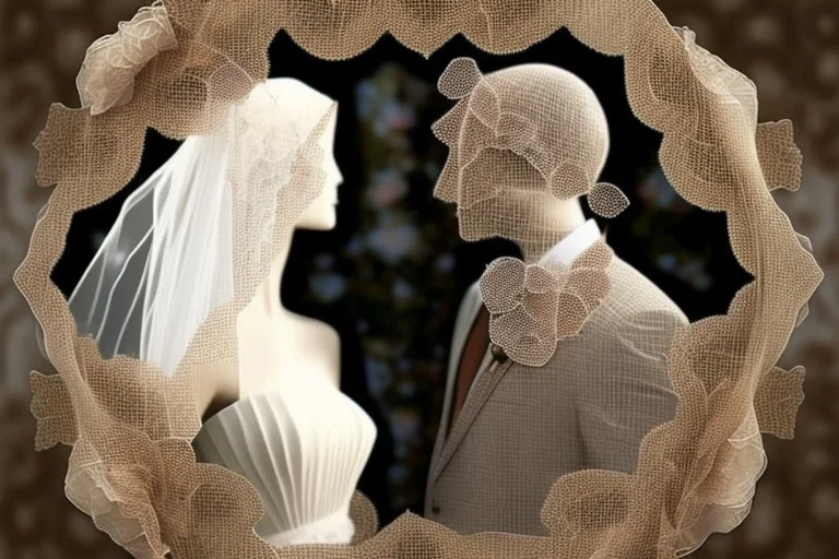 wedding, veil, flowers, blur 5%, double exposure, merged layers, in the first part (near to us) of the picture you can see a plain sandblown smoked glass, engraved with a folk art pattern, the glass is cracked in several places, in some places the glass is broken, crumpled burlap, through it you can see a tropical rainforest with a waterfall, mist, tooth, sunrise