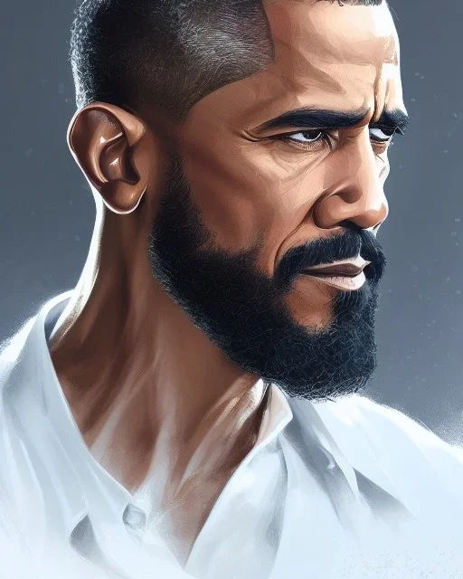 "MIddle aged white human male, with a trimmed but uneven beard, piercing eyes with slick back hair, full-scale head and shoulders portrait, 8k resolution concept art portrait by Greg Rutkowski, Artgerm, WLOP, dynamic lighting hyperdetailed intricately detailed Splash art trending on Artstation triadic colors Unreal Engine 5 volumetric lighting Splash art fantasy", Barack Obama