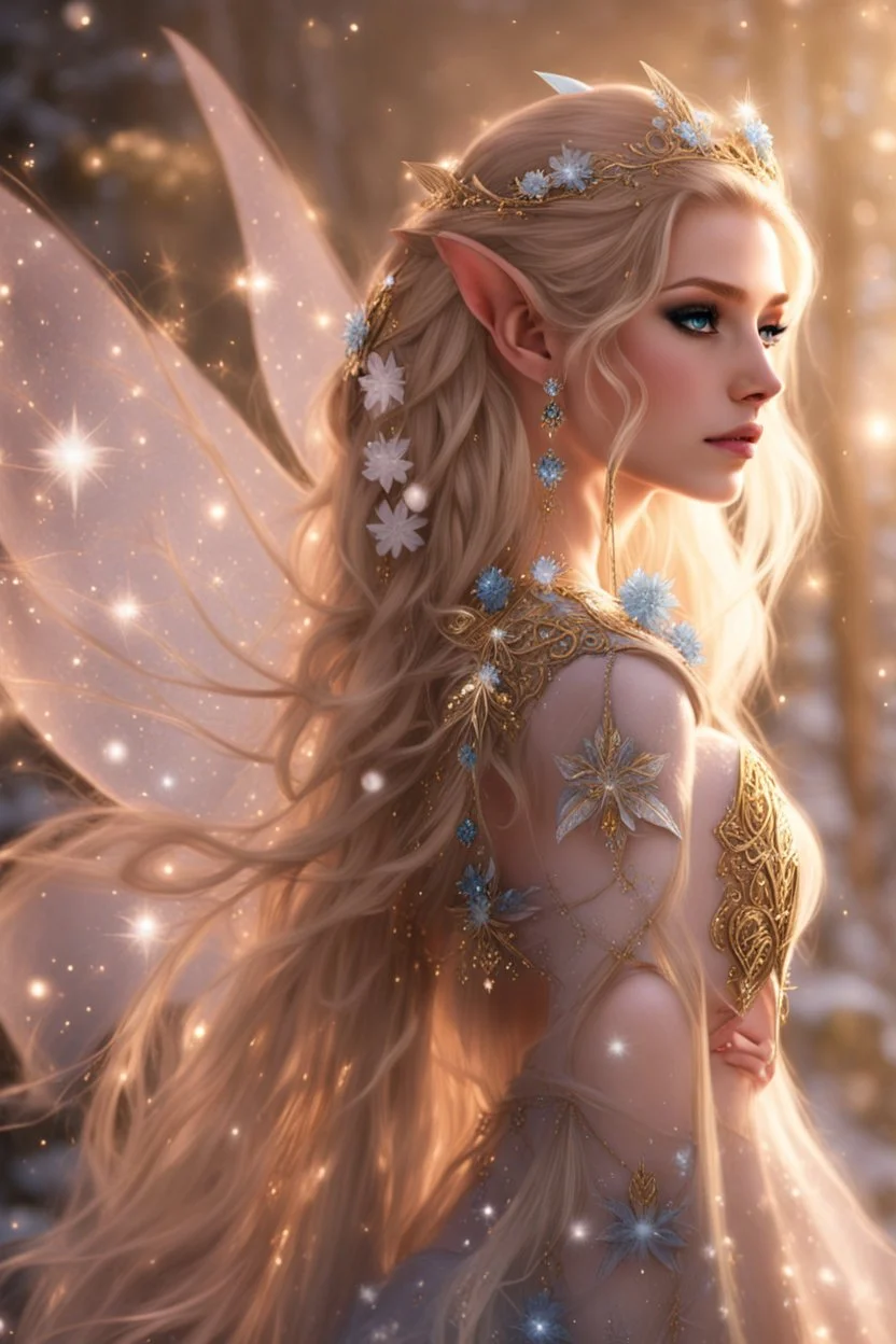 Elven princess,elven crown,long white blonde golden hair,rapunzel hair,ice flowers,beautiful,light blue,dark blue,golden armor,sparkle,glitter,ice flowers,snow,elven ears,dark fairy princess